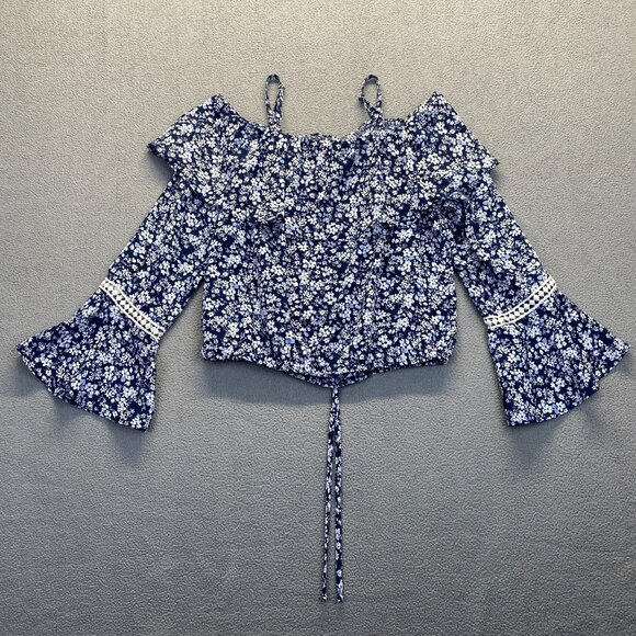 iz BYER Women's Blue Ruffled Blouse Top Size M,Floral Blue - Picture 2 of 9
